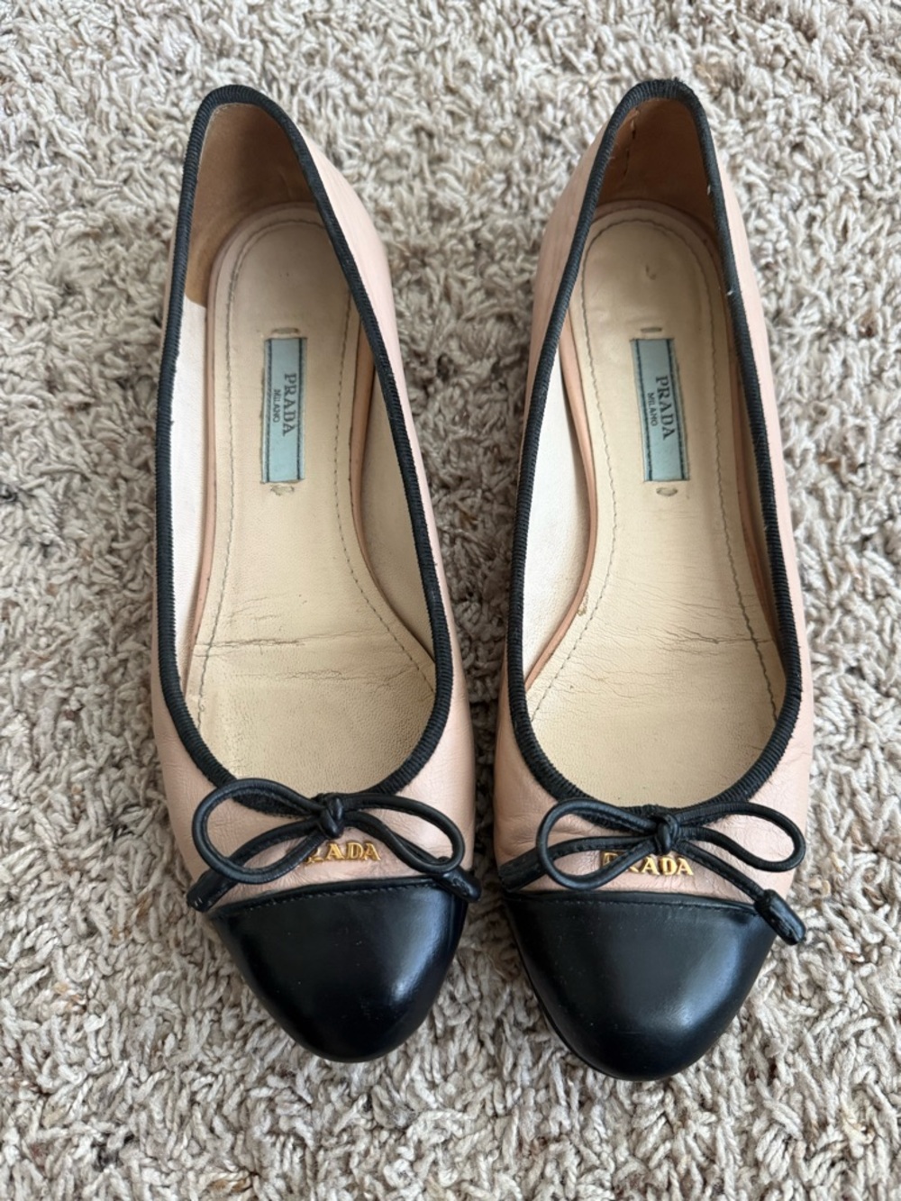 Prada Pink and Black Cap-Toe Bow Ballet Flats